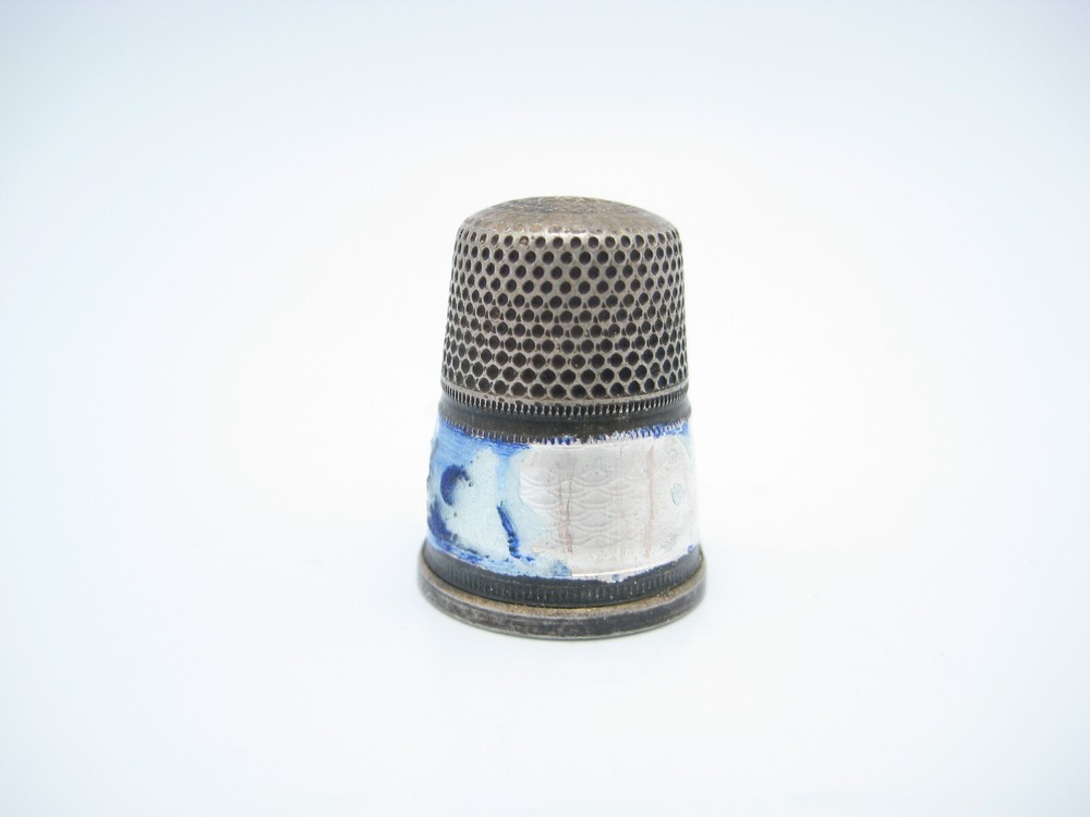 Antique Sterling Silver Sewing Thimble Size 7 Germany Porcelain Shell