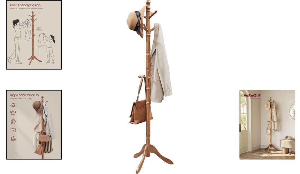 Sturdy Free Standing Coat Tree with 10 Hooks - Easy Assembly & Timeless Style