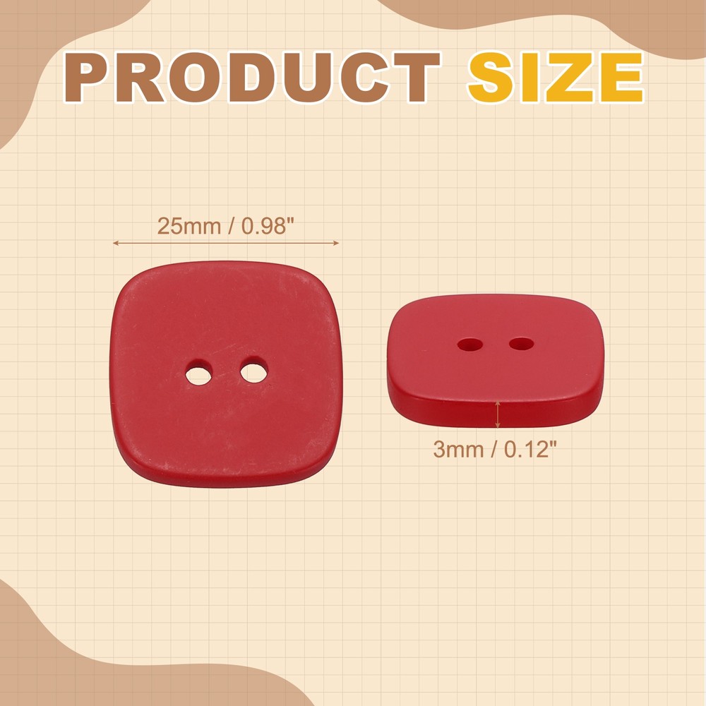 12pcs Sewing Button 25mm (1") 2 Holes Square Resin Button, Red