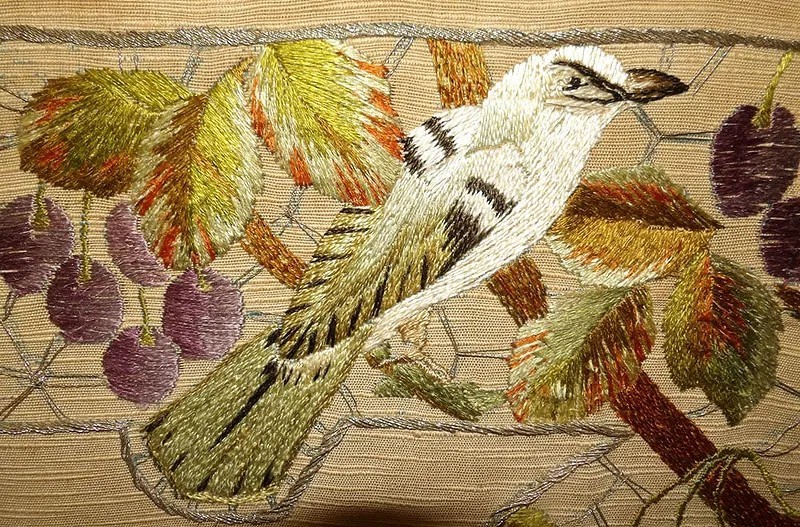 Antique Walnut Fire Screen With Bird Motif Embroidery