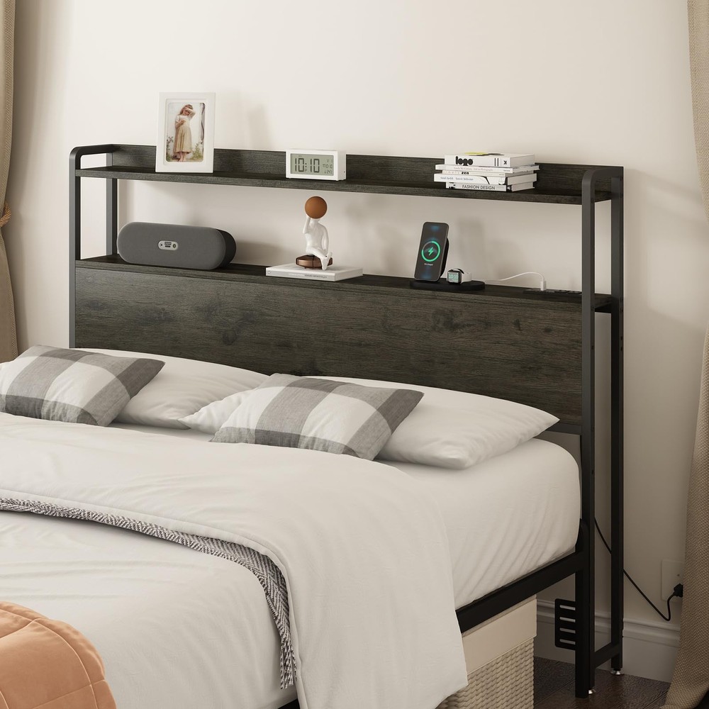 Adjustable Full Size Headboard with Outlets, USB Ports,Type-C,LED Lights, and...