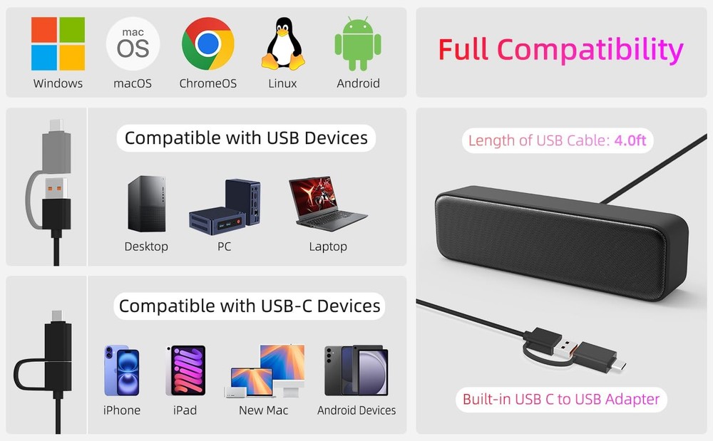 Computer Speakers for Desktop PC, External Laptop, YFQ86, Black