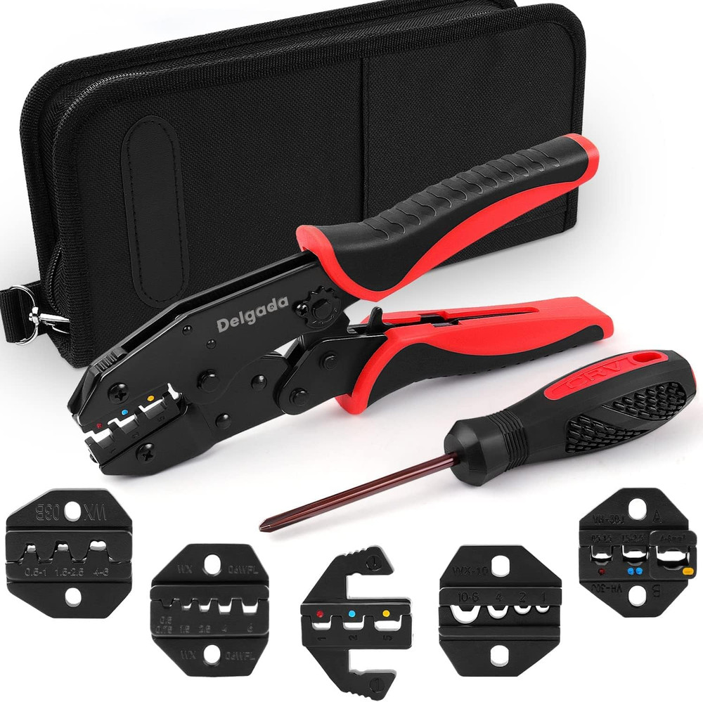Ratcheting Crimping Tool Set, 6PCS Interchangeable Jaws Wire Crimper Tools with