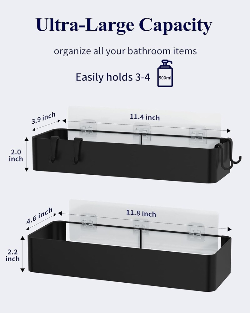 Easy Installation Shower Shelves - 2 Pack Rustproof Black Caddies with Adhesive