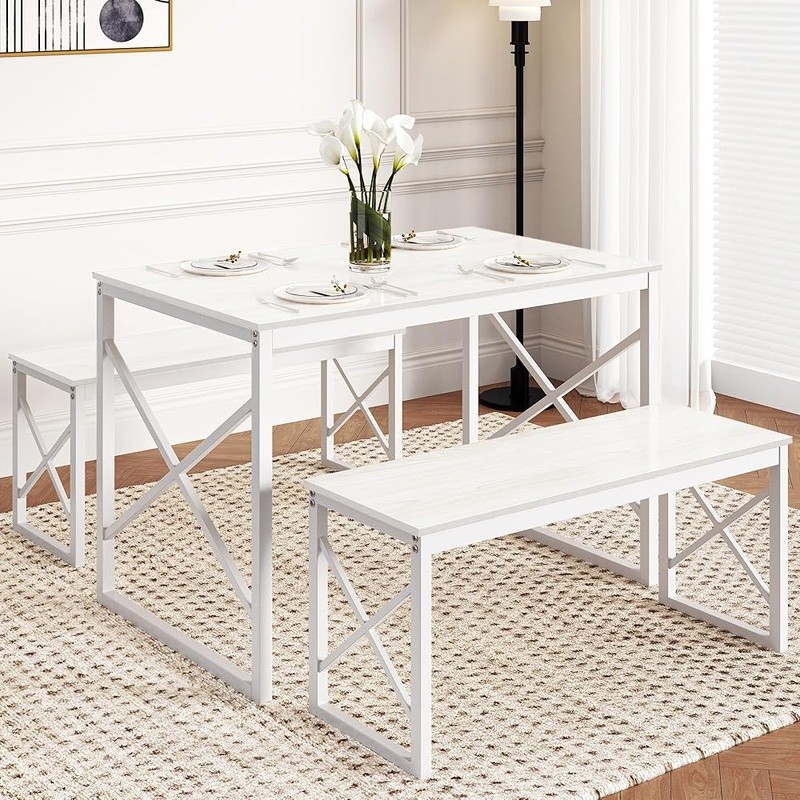 Space Saving Dining Table Set W/ 2 Benches Sturdy Waterproof Easy Assembly New