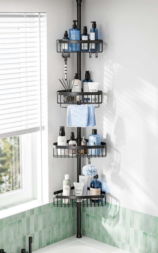 Corner Shower Caddy Tension Pole: Adjustable Rustproof 4-Tier Inside Bathroom...