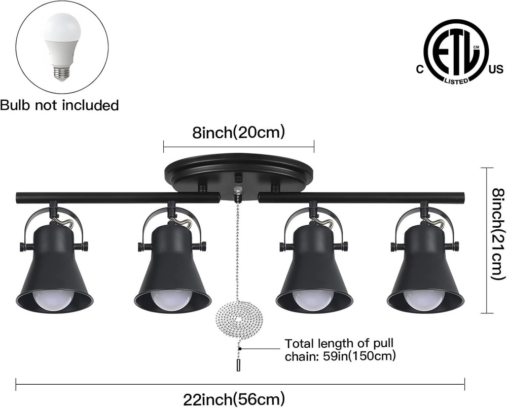 4-Light Track Lighting with Pull Chain, Black Track Lighting Fixtures