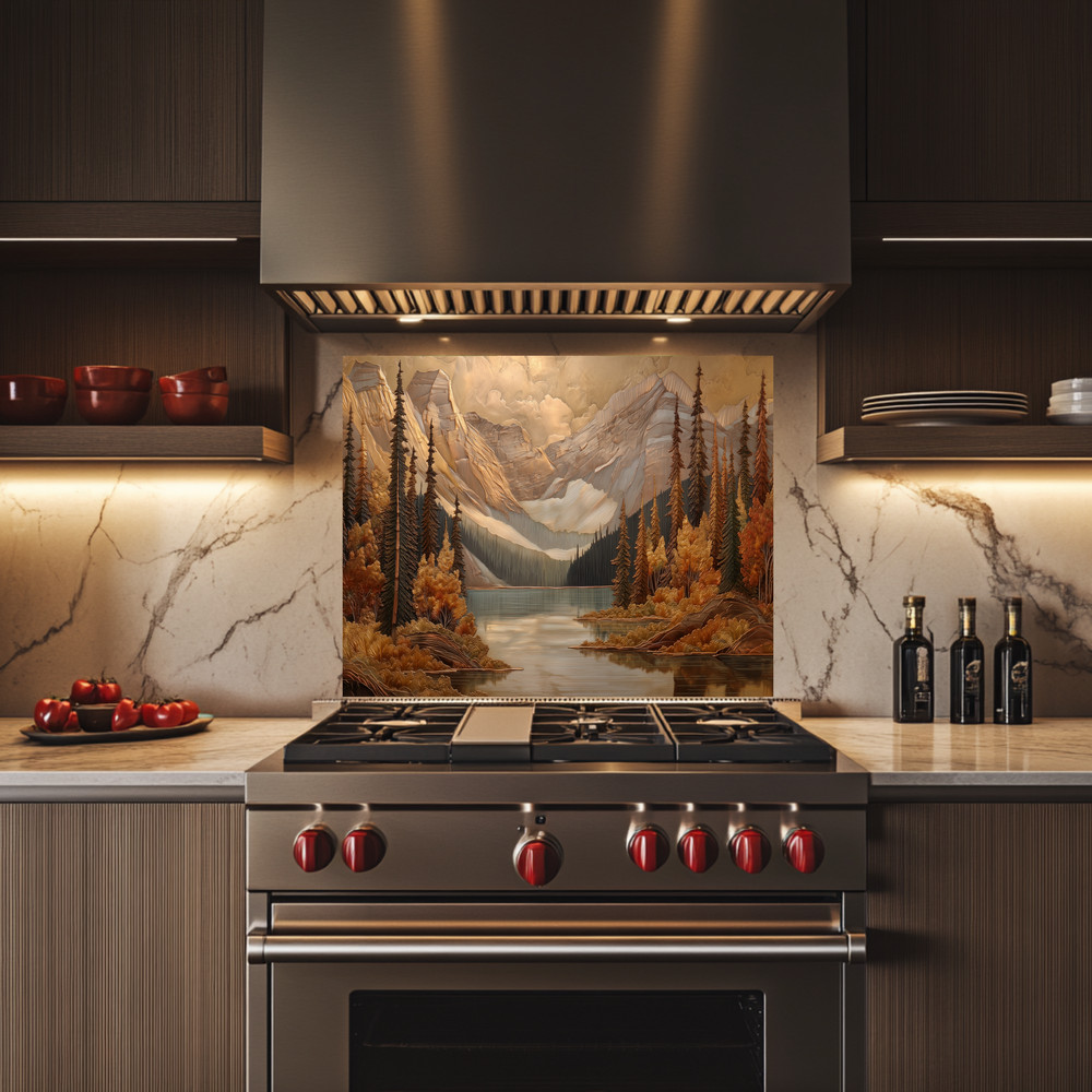 Pine Tree and Mountain Glass Backsplash, Tempered Glass Kitchen Splashback