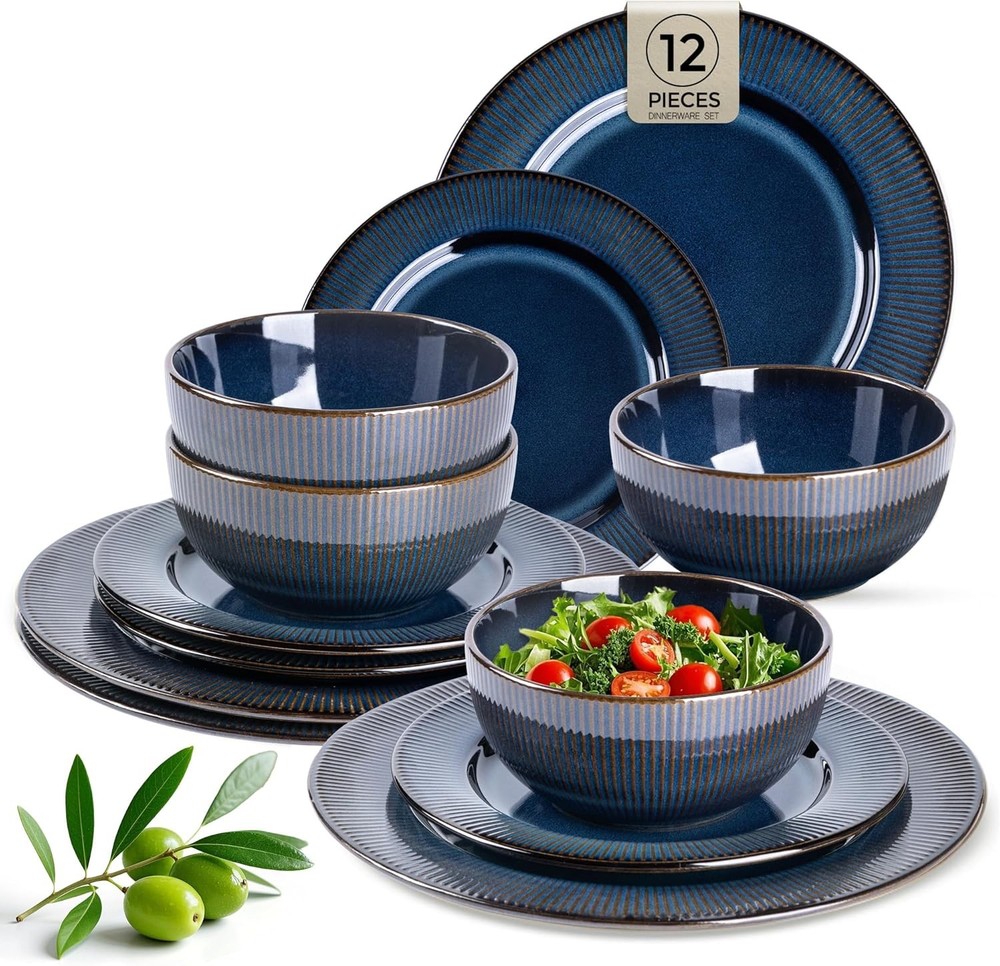 Ceramic Dinnerware Sets,12 pcs Embossed Elegant Stoneware Plates & Bowls Sets