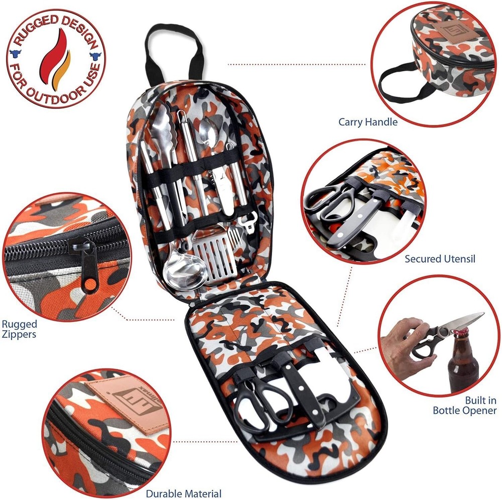 Camping Utensils Cooking Set, Camping Cookware with Kitchen Knife- Orange