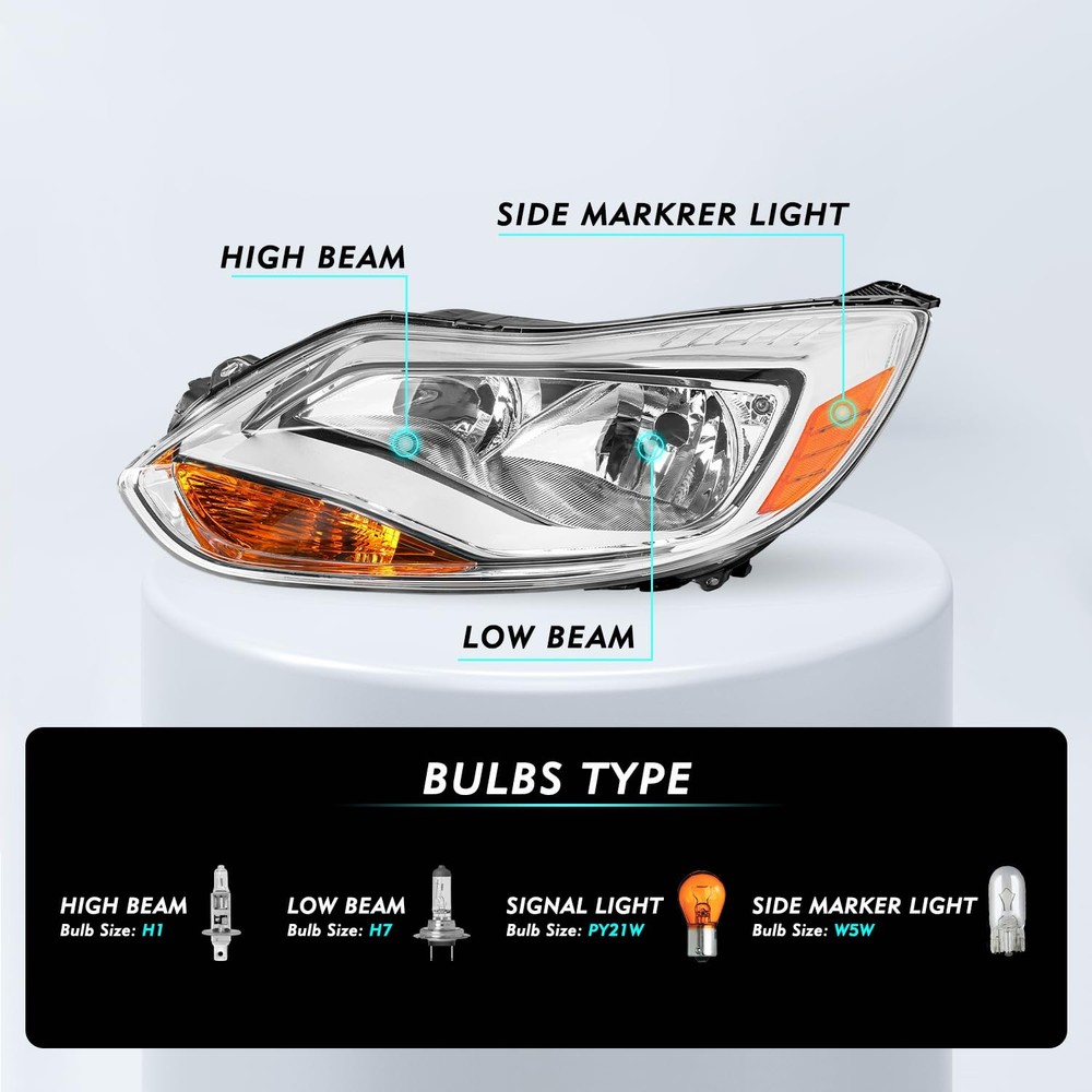 Headlight Assembly for 2012-2014 Ford Focus Chrome Housing Left Driver Side