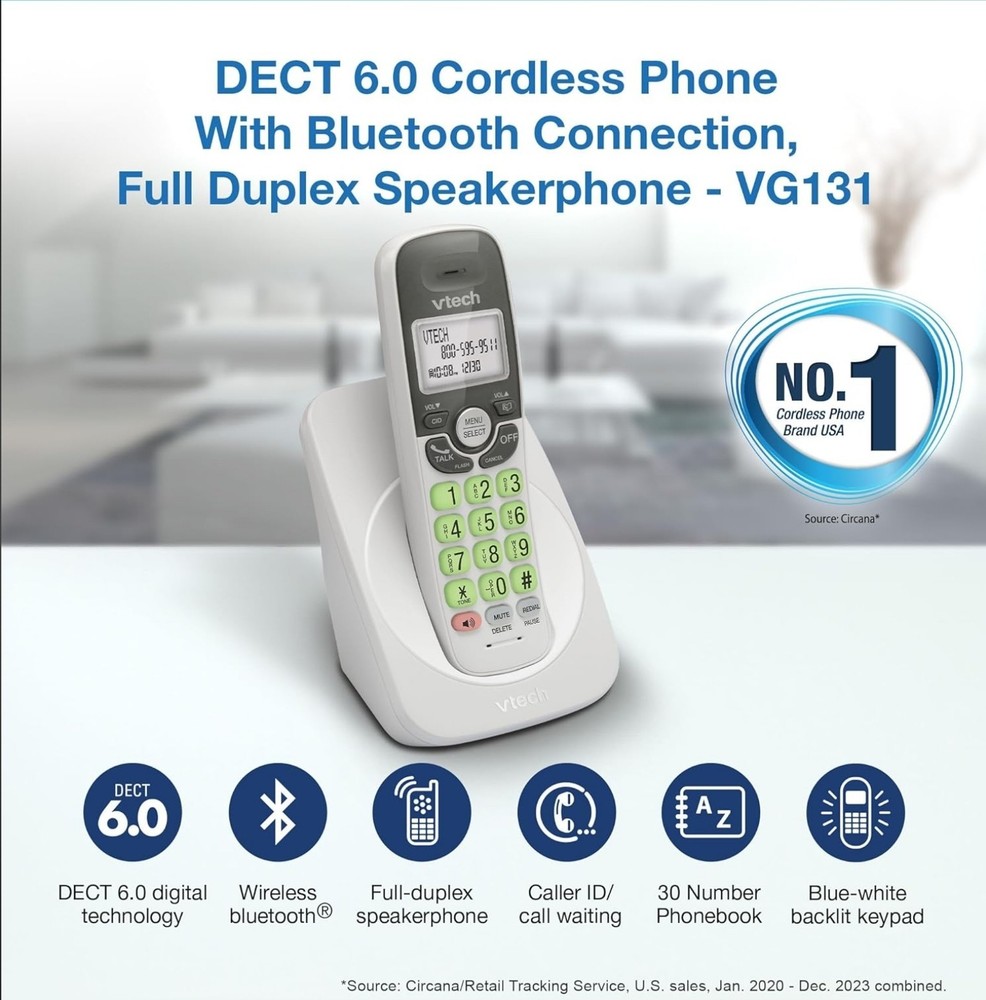 VTech VG131 DECT 6.0 Cordless Phone - Bluetooth Connection, Blue-White Display,