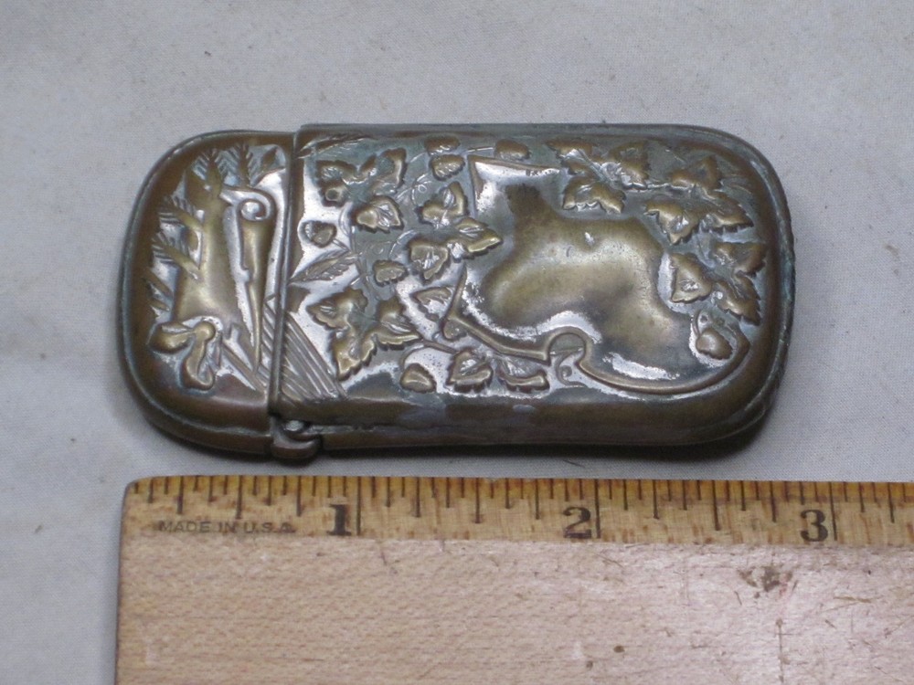 antique ornate brass match case small hinged decorated vesta compact container