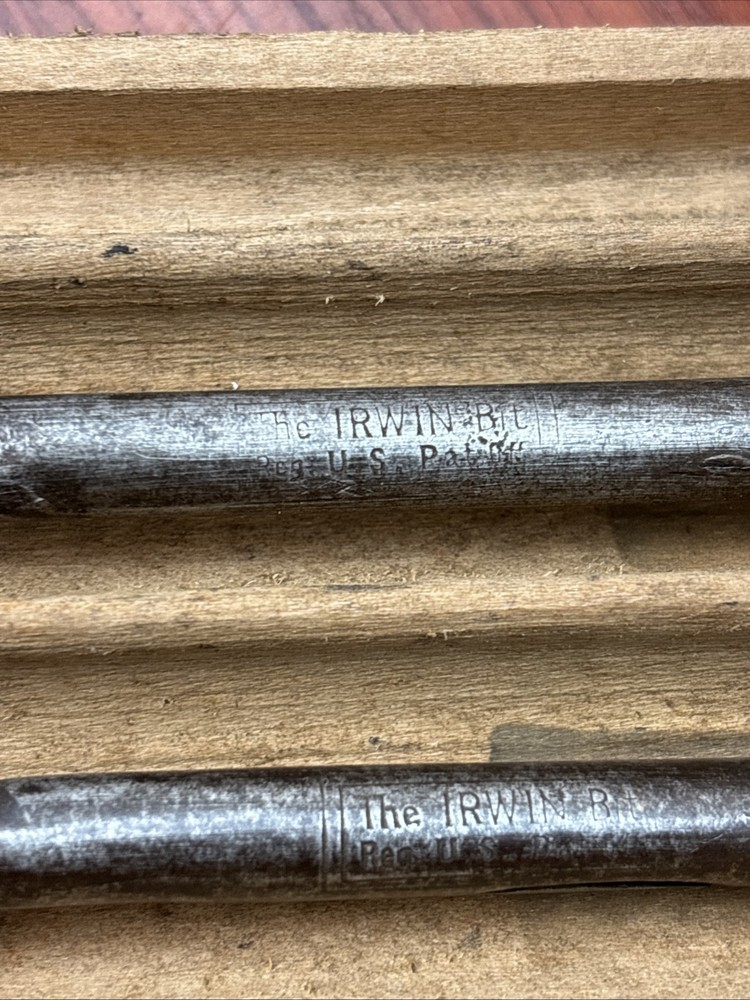 Antique Irwin Auger Drill Bit Wood Box w/ 8 auger bits