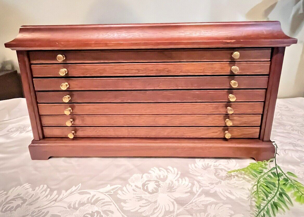 Mahogany Solid Wood Tabletop Chest 6 Drawers Velvet Green Lined Brass Knobs