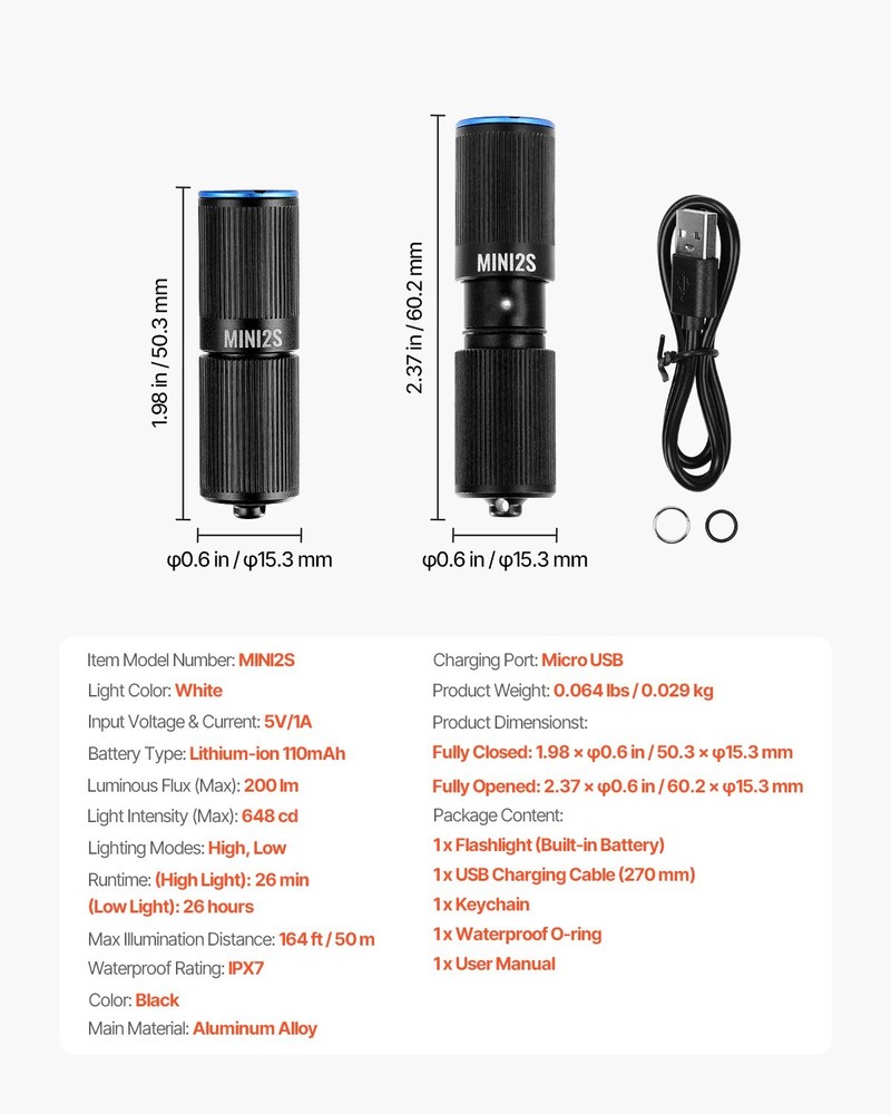 Keychain Flashlight Rechargeable Mini LED Flashlight 200 High Lumens Pocke