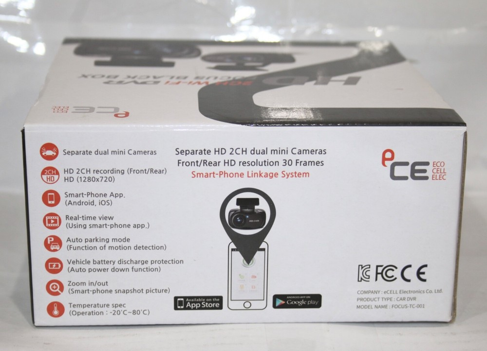 eCell e-Focus 2CH Night Vision Dash Cam w/Separate Main Device & Smartphone Link