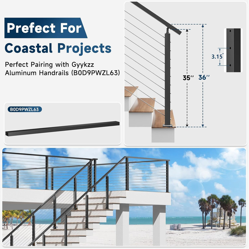 2 Pack 36" Black Aluminum Cable Railing Stair Post for Coastal Projects