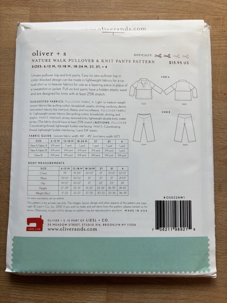 Oliver + S Nature Walk Pullover & Knit Pants Sewing Pattern Uncut 6–24M 2T–4