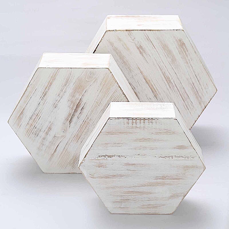 3 Whitewashed Wooden CAKE STAND Hexagonal Dessert Display Boxes Party Events