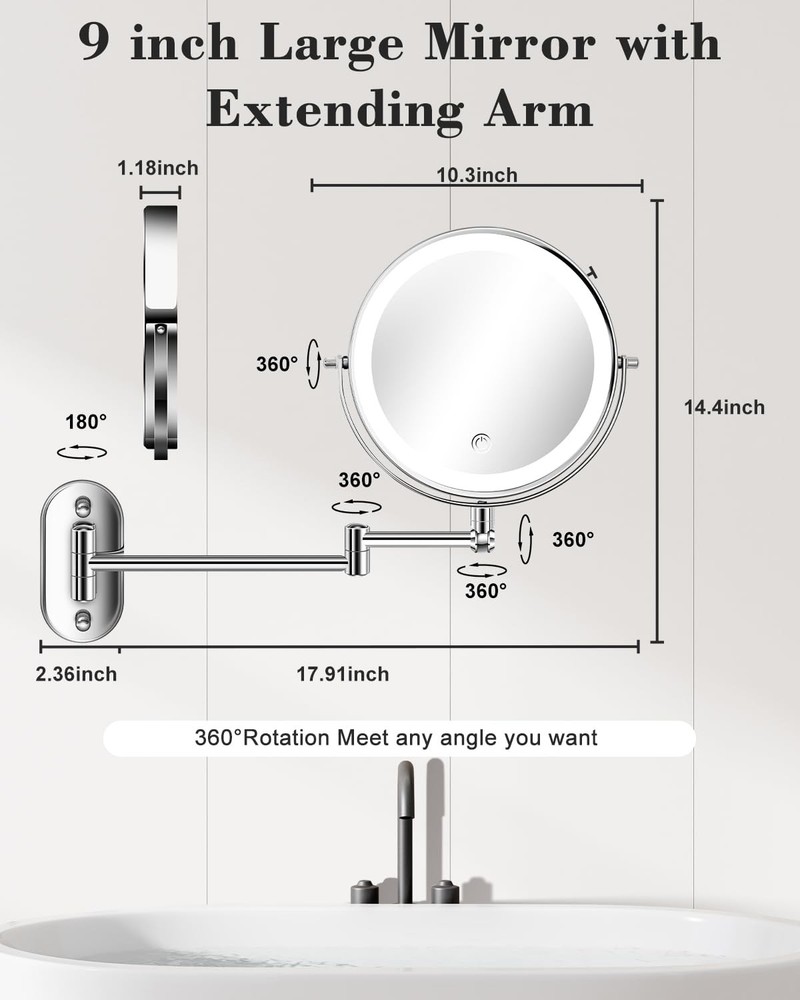 9'' 30X/1X Wall Mounted Lighted Makeup Mirror, Height Adjustable Double Sided...