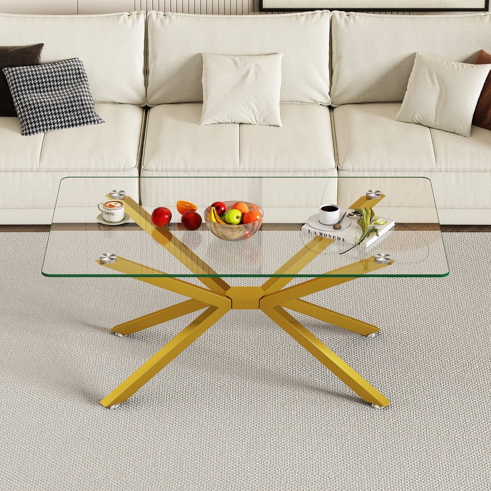 39.37" Rectangular Clear Tempered Glass Coffee Table,Stylish Design with Gold