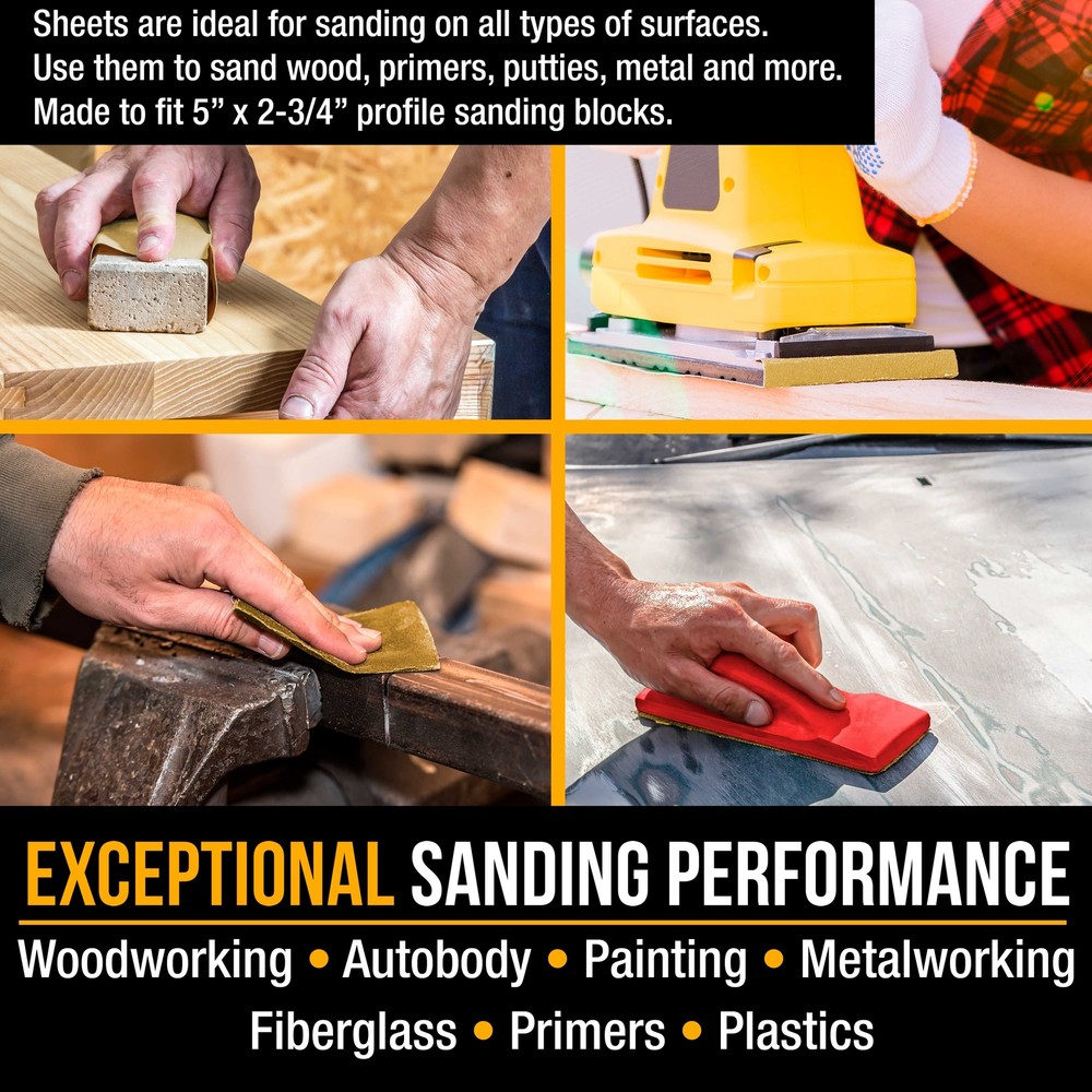 5" x 2.75" Sandpaper Sheets, 400 Grit - 40 Hook & Loop Sheets - Hand Sanding