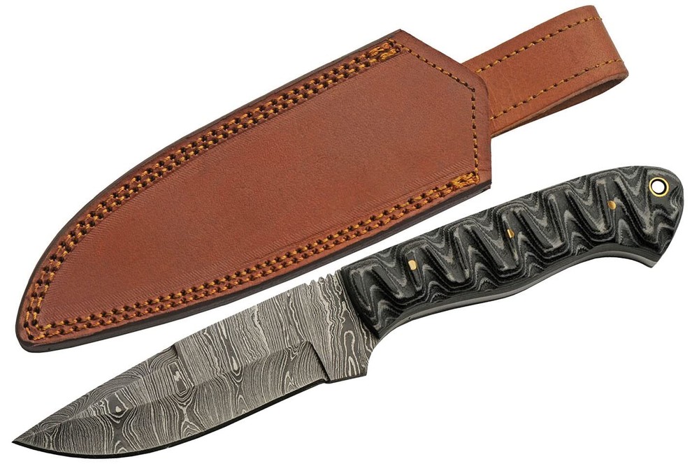 Damascus Charcoal Hunter Black & White Damascus Fixed Blade Knife 1306