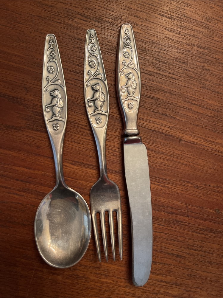 Vintage Norwegian OTTAR HVAL Children's Flatware Silver Set 830s Bear Rustfi