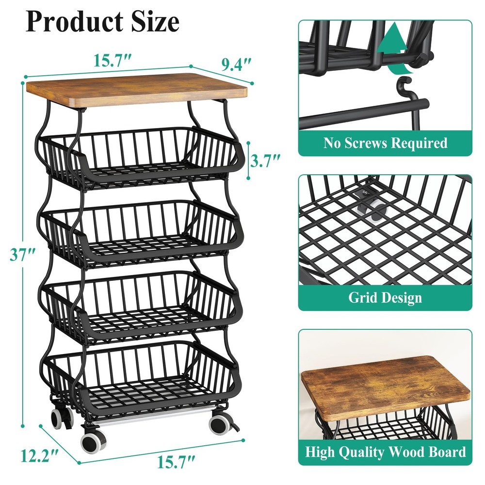 Fruit Basket Kitchen Pantry Organizers and Storage - Wooden Top Table, Stacka...