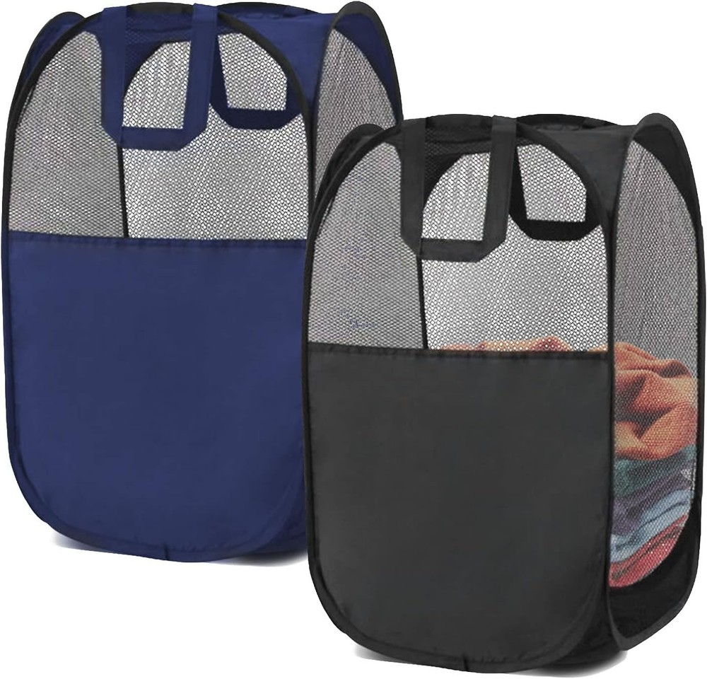 2 pop-up foldable mesh laundry baskets each with 2 reinforced handles, black ...