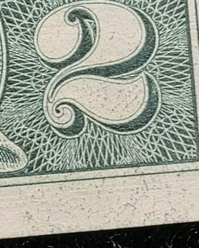 1976 $2 note alignment Shift over-inking error AU58 1 fold
