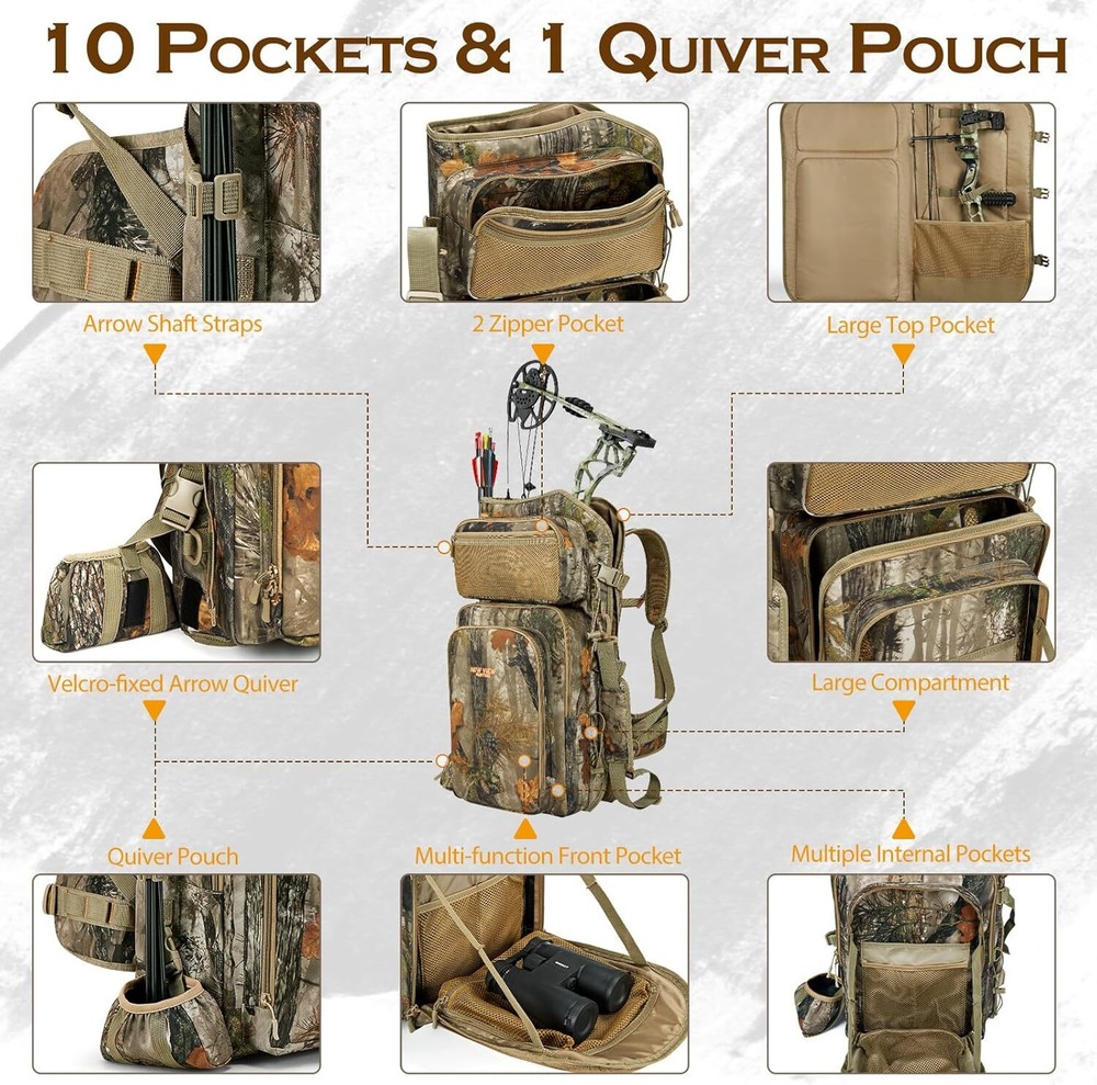 Bow Hunting Backpack, Camo Compound Bag Tree Saddle Back Pack with Bow Holder