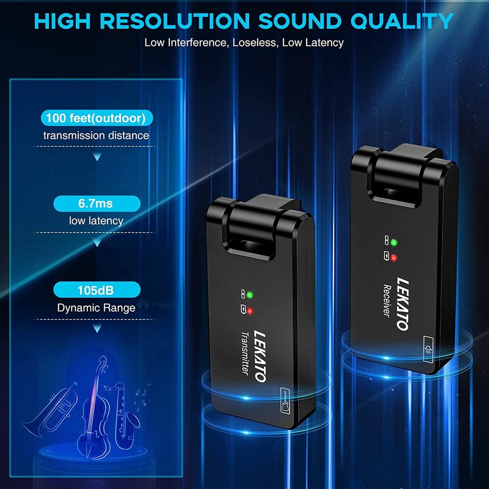 LEKATO WS-100 2.4GHz Wireless Guitar System Transmitter Receiver + Charging Box