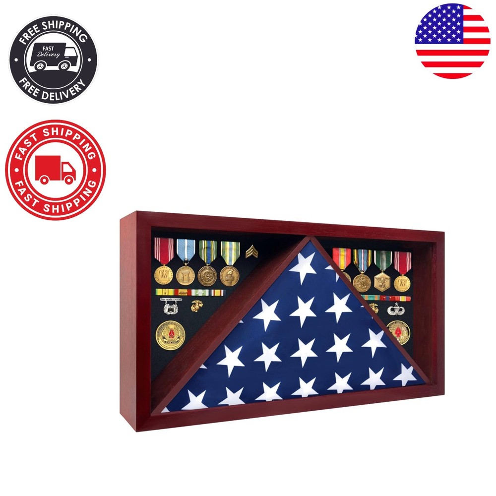 Solid Wood Military Flag Display Case - Velvet Lining & Plexiglass