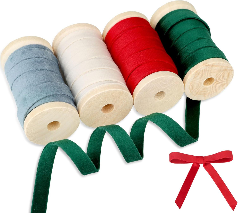 Velvet Ribbon Set - 3/8" X 20Yd, 4 Rolls in 4 Colors, Double Faced on Wooden Spo