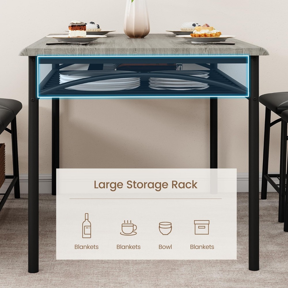 Dining Set Table with Wine Rack and 2 Upholstered Stools Bench for Small Kitchen