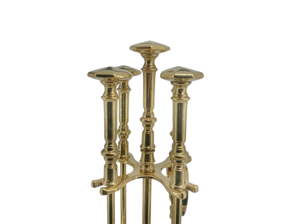 Fireplace Accessory Set Tool Kit Polished Brass Tripod Wood Base