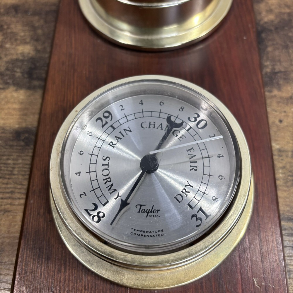 Vintage Taylor Thermometer Hygrometer Weather Station Combo On Solid Oak Panel