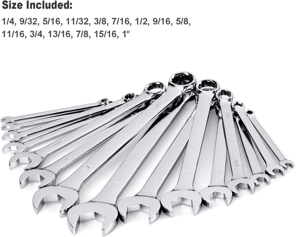 Torque 15-Piece Premium Combination Wrench Set, Complete SAE Inch Sizes