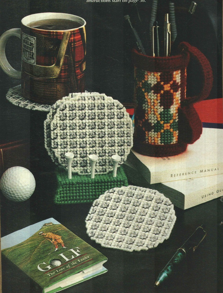 GOLF BALL COASTERS & BAG HOLDER DIGEST SIZE PLASTIC CANVAS PATTERN INSTRUCTIONS