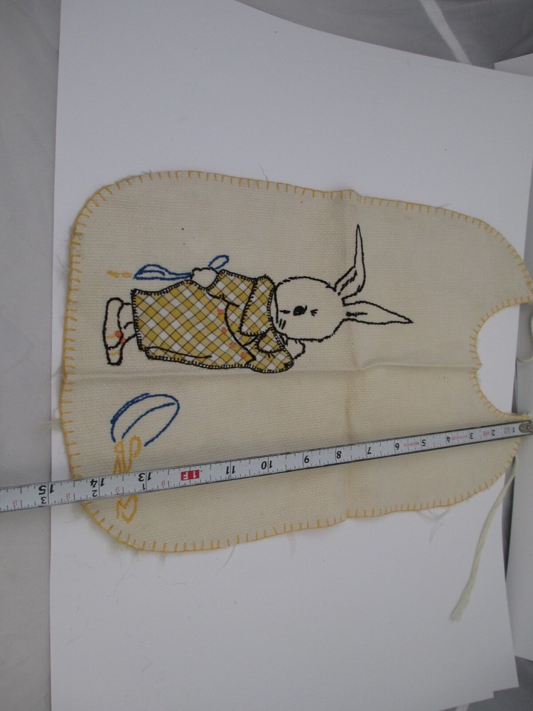 Vintage Completed Cross stitch Bunny rabbit bib spilled bowel damaged