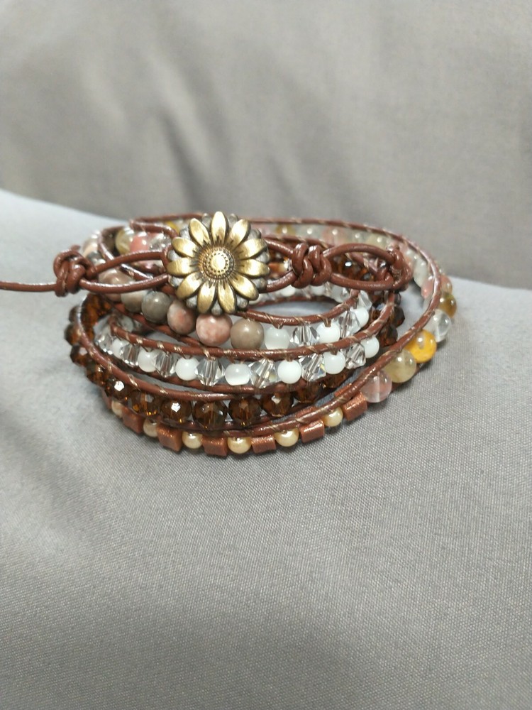 Beaded Leather 5x Wrap Bracelet, Handmade With Various Beads