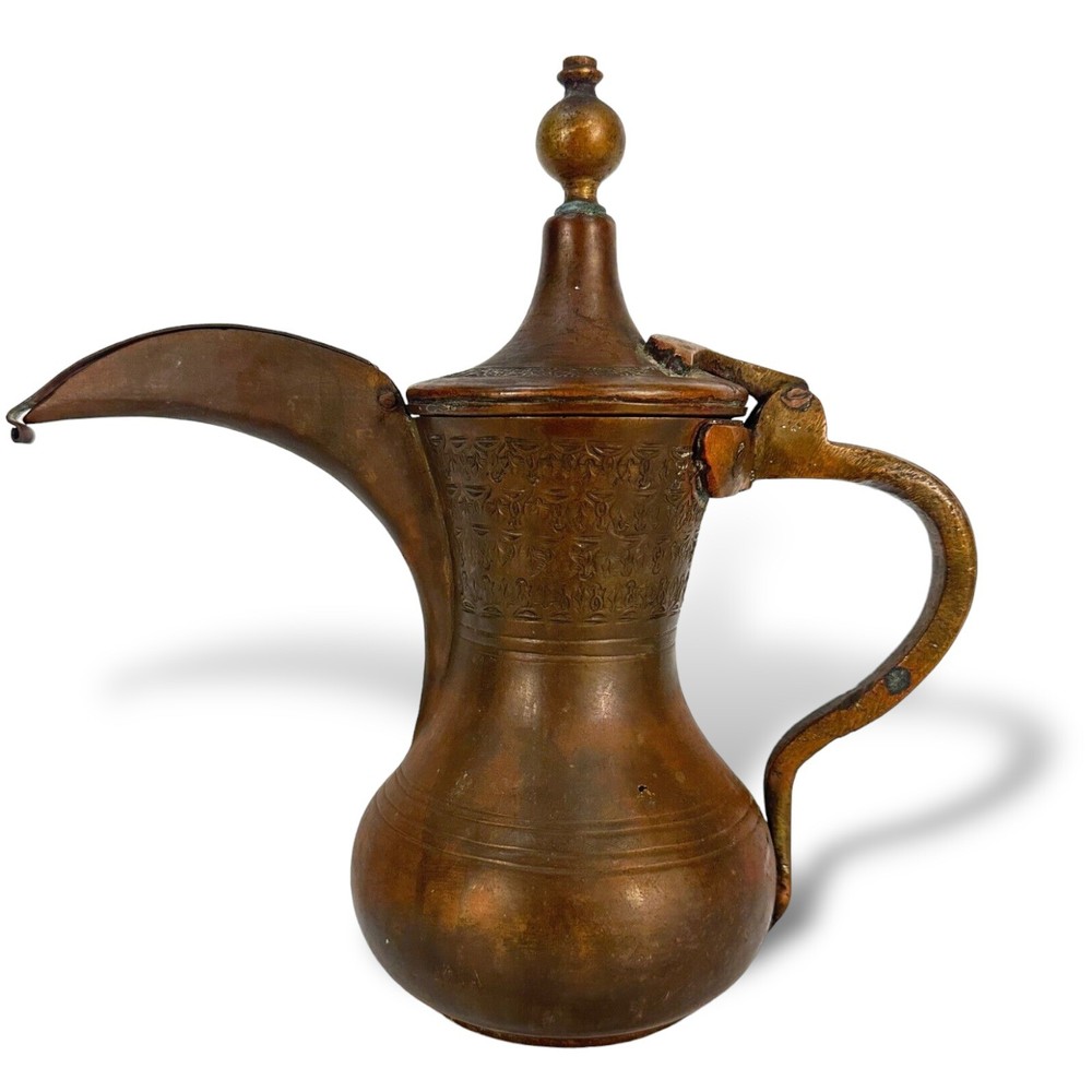 Antique Middle Eastern Copper & Brass Dallah Coffee Pot, 9.5" Tall
