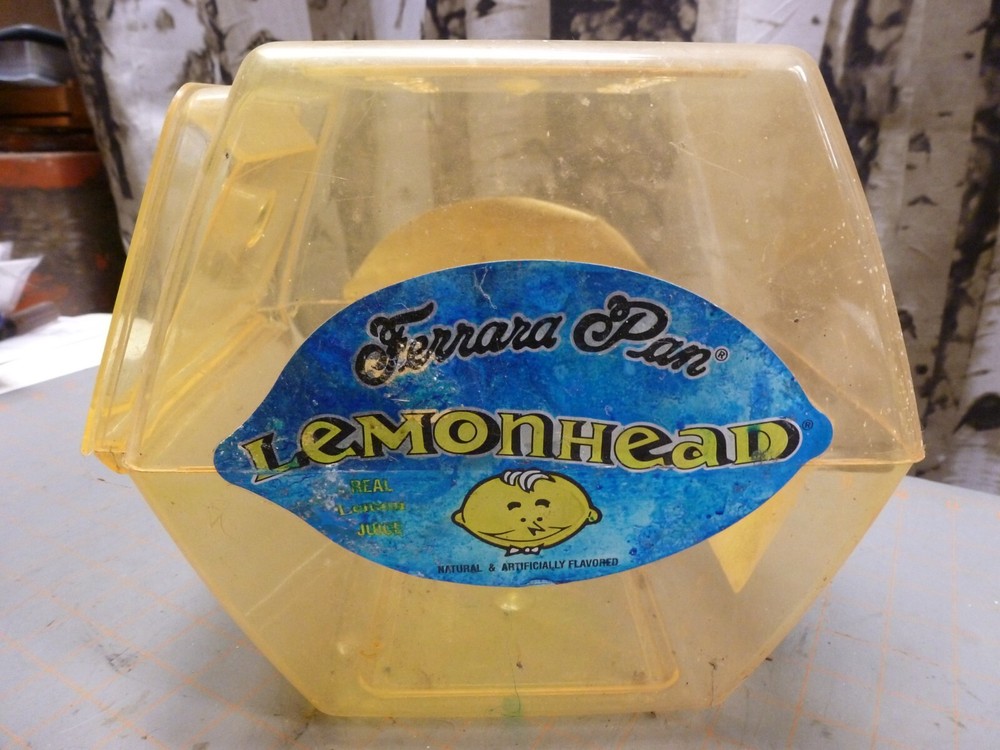 (F) VTG EMPTY Lemon Head Pan Ferrara Candy Counter Jar, Plastic Container W/Lid