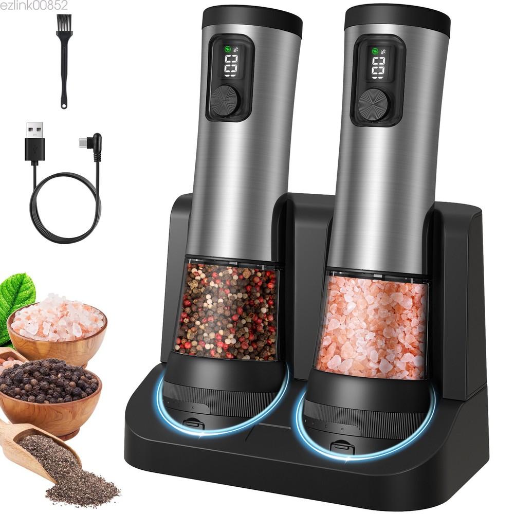 Rechargeable Electric Salt and Pepper Grinder Set With Charging Base 2-Pack