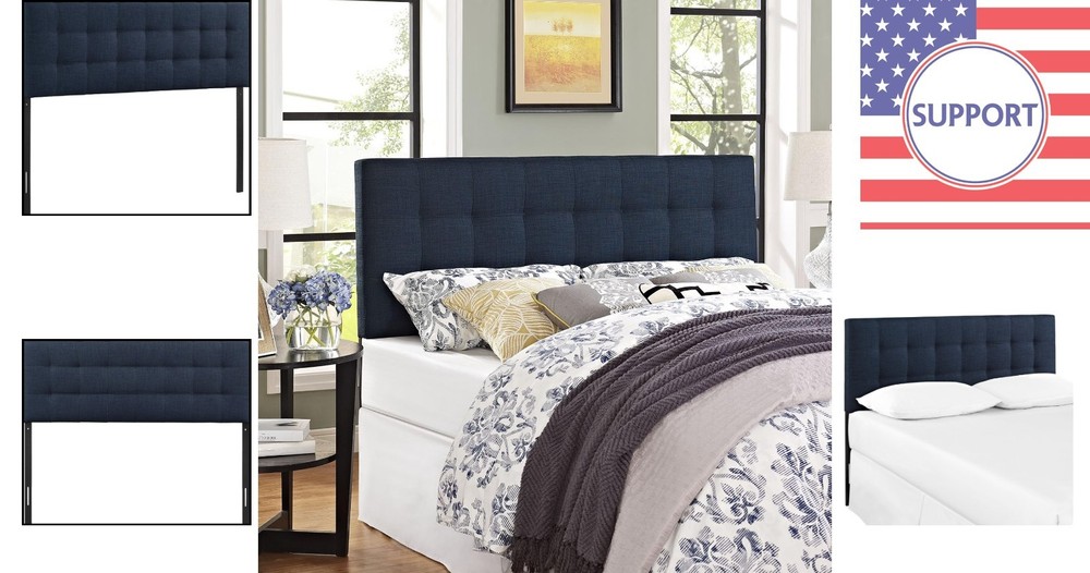 Modern Navy Upholstered Queen Headboard - Tufted Design with Adjustable Height