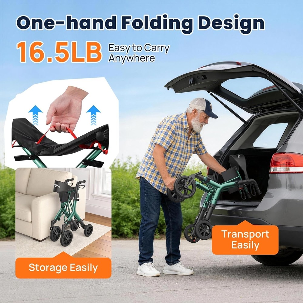 Lightweight Folding WALK MATE Rollator Walker with Seat and Cup Holder