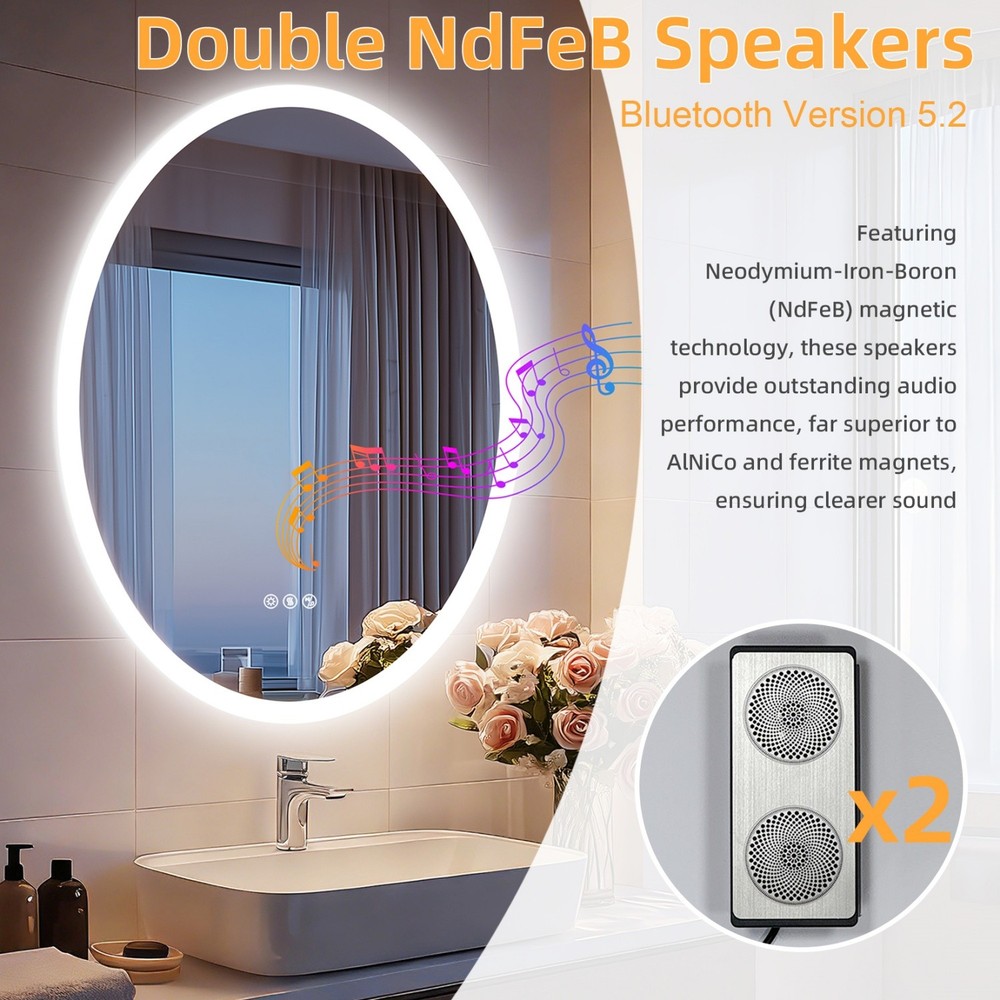 Oval LED Bathroom Bluetooth Mirror Touch Antifog Memory 3 Color Light Adjustable