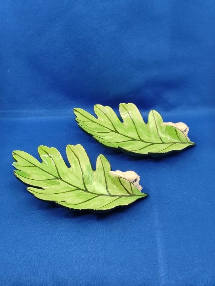 Vtg Atlantic Mold Set 2 Ceramic White Bunny Leaf Trinket Candy Dishes Easter '65